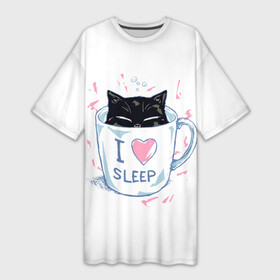 Платье-футболка 3D с принтом Я Люблю Спать в Кировске,  |  | cat | cats | coffee | i | love | nekoffee | night | sleep | вечер | жарко | зима | кот | котенок | котик | котэ | котяра | котята | кофе | кошка | люблю | любовь | нежное | нежный | ночь | сон | спать | тепло | холод | холодно | я