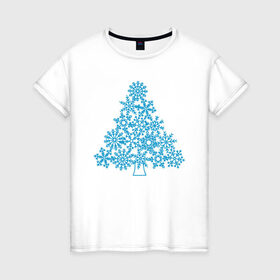 Женская футболка хлопок с принтом Новогодняя елка из снежинок в Кировске, 100% хлопок | прямой крой, круглый вырез горловины, длина до линии бедер, слегка спущенное плечо | 