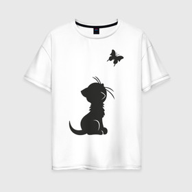 Женская футболка хлопок Oversize с принтом Котенок и бабочка в Кировске, 100% хлопок | свободный крой, круглый ворот, спущенный рукав, длина до линии бедер
 | бабочка | животные | кот | котенок | милый