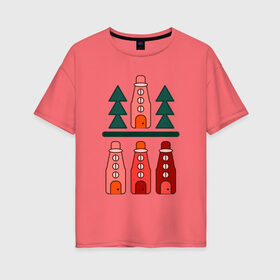Женская футболка хлопок Oversize с принтом Новогодние домики в Кировске, 100% хлопок | свободный крой, круглый ворот, спущенный рукав, длина до линии бедер
 | 