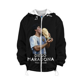 Детская куртка 3D с принтом Diego Maradona в Кировске, 100% полиэстер | застежка — молния, подол и капюшон оформлены резинкой с фиксаторами, по бокам — два кармана без застежек, один потайной карман на груди, плотность верхнего слоя — 90 г/м2; плотность флисового подклада — 260 г/м2 | 10 | 1960 | 2020 | argentina | barcelona | diego | football | legend | leo | lionel | maradona | messi | retro | rip | soccer | аргентина | барселона | бога | диего | легенда | лионель | марадона | месси | мяч | ретро | рука | форма | футбол