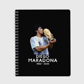 Тетрадь с принтом Diego Maradona в Кировске, 100% бумага | 48 листов, плотность листов — 60 г/м2, плотность картонной обложки — 250 г/м2. Листы скреплены сбоку удобной пружинной спиралью. Уголки страниц и обложки скругленные. Цвет линий — светло-серый
 | Тематика изображения на принте: 10 | 1960 | 2020 | argentina | barcelona | diego | football | legend | leo | lionel | maradona | messi | retro | rip | soccer | аргентина | барселона | бога | диего | легенда | лионель | марадона | месси | мяч | ретро | рука | форма | футбол