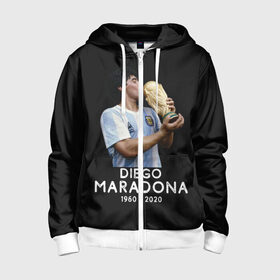 Детская толстовка 3D на молнии с принтом Diego Maradona в Кировске, 100% полиэстер |  манжеты и пояс оформлены широкой мягкой резинкой, двухслойный капюшон со шнурком для регулировки, спереди карманы и застежка-молния
 | Тематика изображения на принте: 10 | 1960 | 2020 | argentina | barcelona | diego | football | legend | leo | lionel | maradona | messi | retro | rip | soccer | аргентина | барселона | бога | диего | легенда | лионель | марадона | месси | мяч | ретро | рука | форма | футбол