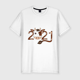 Мужская футболка хлопок Slim с принтом Бык 2021 в Кировске, 92% хлопок, 8% лайкра | приталенный силуэт, круглый вырез ворота, длина до линии бедра, короткий рукав | Тематика изображения на принте: 2021 | бык | год быка | гороскоп | дата | животное | китайский | новый год | праздничный | символ