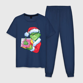 Мужская пижама хлопок с принтом Новый год. Гринч в Кировске, 100% хлопок | брюки и футболка прямого кроя, без карманов, на брюках мягкая резинка на поясе и по низу штанин
 | Тематика изображения на принте: 2021 | гринч | новый год | подарок | рождество