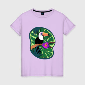 Женская футболка хлопок с принтом Тукан в Кировске, 100% хлопок | прямой крой, круглый вырез горловины, длина до линии бедер, слегка спущенное плечо | лето | пальмы | природа | птицы | растения | тропики | тукан | цветы