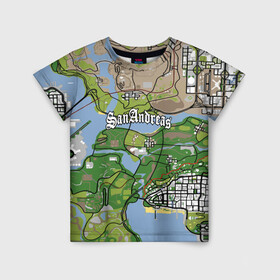Детская футболка 3D с принтом GTA San Andreas map в Кировске, 100% гипоаллергенный полиэфир | прямой крой, круглый вырез горловины, длина до линии бедер, чуть спущенное плечо, ткань немного тянется | game | grand theft auto | gta san andreas | гта сан андреас | игра | карта | самп