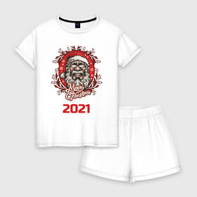 Женская пижама с шортиками хлопок с принтом 2021 в Кировске, 100% хлопок | футболка прямого кроя, шорты свободные с широкой мягкой резинкой | арт | графика | дед мороз | новый год | рождество | санта