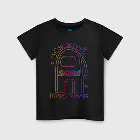 Детская футболка хлопок с принтом Among Us 2021 Neon | Новый год в Кировске, 100% хлопок | круглый вырез горловины, полуприлегающий силуэт, длина до линии бедер | Тематика изображения на принте: 