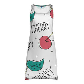 Платье-майка 3D с принтом Вишенки Cherry в Кировске, 100% полиэстер | полуприлегающий силуэт, широкие бретели, круглый вырез горловины, удлиненный подол сзади. | cherry | белый | вишня | красный | лето | надпись | сад | черенок | черешня | ягода