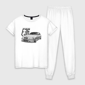Женская пижама хлопок с принтом BMW E36 в Кировске, 100% хлопок | брюки и футболка прямого кроя, без карманов, на брюках мягкая резинка на поясе и по низу штанин | Тематика изображения на принте: bmw | e36 | автомобиль | бмв | классика | м3 | машина