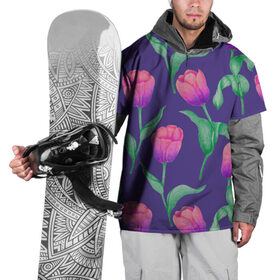 Накидка на куртку 3D с принтом Тюльпаны на фиолетовом фоне в Кировске, 100% полиэстер |  | зеленый | листья | любовь | паттерн | праздник | природа | растения | розовый | романтика | тюльпаны | узор | фиолетовый | цветы