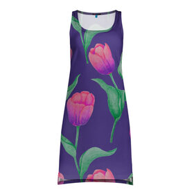 Платье-майка 3D с принтом Тюльпаны на фиолетовом фоне в Кировске, 100% полиэстер | полуприлегающий силуэт, широкие бретели, круглый вырез горловины, удлиненный подол сзади. | зеленый | листья | любовь | паттерн | праздник | природа | растения | розовый | романтика | тюльпаны | узор | фиолетовый | цветы