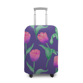 Чехол для чемодана 3D с принтом Тюльпаны на фиолетовом фоне в Кировске, 86% полиэфир, 14% спандекс | двустороннее нанесение принта, прорези для ручек и колес | зеленый | листья | любовь | паттерн | праздник | природа | растения | розовый | романтика | тюльпаны | узор | фиолетовый | цветы