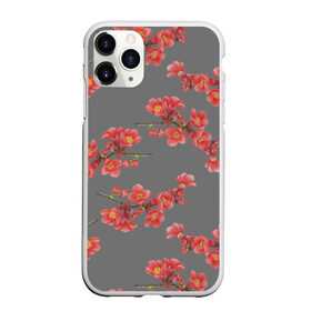 Чехол для iPhone 11 Pro Max матовый с принтом Цветы айвы на сером фоне в Кировске, Силикон |  | айва | весна | красный | лето | паттерн | подарок | природа | растения | романтика | серый | узор | цветы