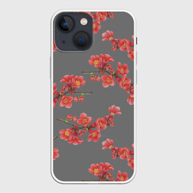 Чехол для iPhone 13 mini с принтом Цветы айвы на сером фоне в Кировске,  |  | айва | весна | красный | лето | паттерн | подарок | природа | растения | романтика | серый | узор | цветы