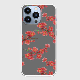 Чехол для iPhone 13 Pro с принтом Цветы айвы на сером фоне в Кировске,  |  | айва | весна | красный | лето | паттерн | подарок | природа | растения | романтика | серый | узор | цветы