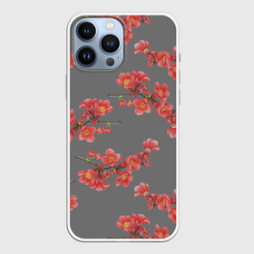 Чехол для iPhone 13 Pro Max с принтом Цветы айвы на сером фоне в Кировске,  |  | айва | весна | красный | лето | паттерн | подарок | природа | растения | романтика | серый | узор | цветы