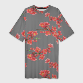 Платье-футболка 3D с принтом Цветы айвы на сером фоне в Кировске,  |  | айва | весна | красный | лето | паттерн | подарок | природа | растения | романтика | серый | узор | цветы