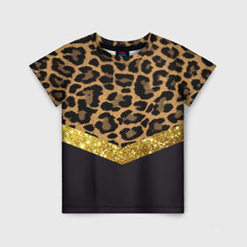 Детская футболка 3D с принтом Леопардовый принт в Кировске, 100% гипоаллергенный полиэфир | прямой крой, круглый вырез горловины, длина до линии бедер, чуть спущенное плечо, ткань немного тянется | success | swagg | блеск | блестки | животнй принт | золотистый | золото | золотой | леопард | леопардовый принт | понты | тигровый
