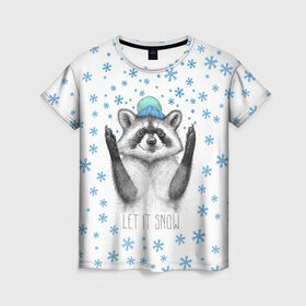 Женская футболка 3D с принтом Новогодний Енот в Кировске, 100% полиэфир ( синтетическое хлопкоподобное полотно) | прямой крой, круглый вырез горловины, длина до линии бедер | 