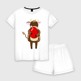 Женская пижама с шортиками хлопок с принтом Новогодний бык с киндером в Кировске, 100% хлопок | футболка прямого кроя, шорты свободные с широкой мягкой резинкой | 