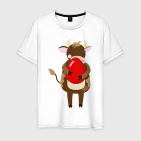 Мужская футболка хлопок с принтом Новогодний бык с киндером в Кировске, 100% хлопок | прямой крой, круглый вырез горловины, длина до линии бедер, слегка спущенное плечо. | 