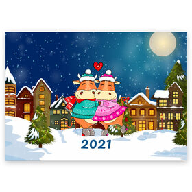 Поздравительная открытка с принтом Влюбленные бык и корова 2021 в Кировске, 100% бумага | плотность бумаги 280 г/м2, матовая, на обратной стороне линовка и место для марки
 | Тематика изображения на принте: 2021 | 7 января | bull | newyear | santa | бык | быки | бычок | год быка | дед мороз | корова | новогодние каникулы | новогодние праздники | новый 2021 | новый год | новый год 2021 | рождество | сани | санта | санта клаус