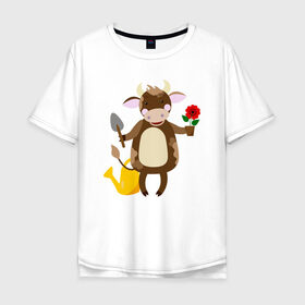 Мужская футболка хлопок Oversize с принтом Бык садовникГод быка 2021 в Кировске, 100% хлопок | свободный крой, круглый ворот, “спинка” длиннее передней части | 