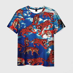 Мужская футболка 3D с принтом Тигры В Облаках в Кировске, 100% полиэфир | прямой крой, круглый вырез горловины, длина до линии бедер | белый | животные | звери | кот | кошки | красный | небо | облака | полосатый | природа | рычит | синий | тигры | тренд