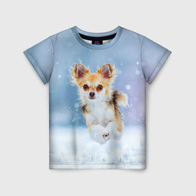 Детская футболка 3D с принтом Чихуахуа в снегу в Кировске, 100% гипоаллергенный полиэфир | прямой крой, круглый вырез горловины, длина до линии бедер, чуть спущенное плечо, ткань немного тянется | dog | животные | зима | пес | природа | снег | собака | собаки | собакчка | собачки | чихуа хуа | чихуахуа