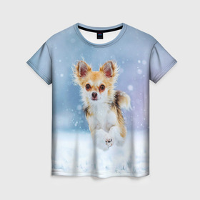 Женская футболка 3D с принтом Чихуахуа в снегу в Кировске, 100% полиэфир ( синтетическое хлопкоподобное полотно) | прямой крой, круглый вырез горловины, длина до линии бедер | dog | животные | зима | пес | природа | снег | собака | собаки | собакчка | собачки | чихуа хуа | чихуахуа