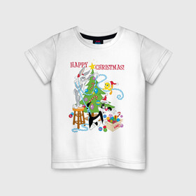 Детская футболка хлопок с принтом Happy Christmas! в Кировске, 100% хлопок | круглый вырез горловины, полуприлегающий силуэт, длина до линии бедер | bugs | bunny | cat | looney | sylvester | tunes | vdzajul | багз | бани | банни | сильвестр кот | твити