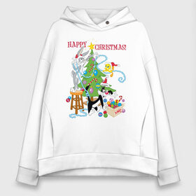 Женское худи Oversize хлопок с принтом Happy Christmas! в Кировске, френч-терри — 70% хлопок, 30% полиэстер. Мягкий теплый начес внутри —100% хлопок | боковые карманы, эластичные манжеты и нижняя кромка, капюшон на магнитной кнопке | bugs | bunny | cat | looney | sylvester | tunes | vdzajul | багз | бани | банни | сильвестр кот | твити