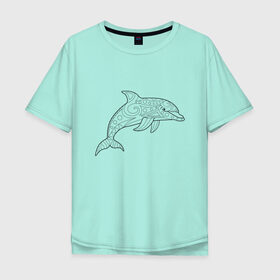 Мужская футболка хлопок Oversize с принтом Дельфин линейный с узорами в Кировске, 100% хлопок | свободный крой, круглый ворот, “спинка” длиннее передней части | Тематика изображения на принте: дельфин | животное | линейный | морское | океанское | узоры | чёрно  белый