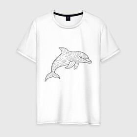 Мужская футболка хлопок с принтом Дельфин линейный с узорами в Кировске, 100% хлопок | прямой крой, круглый вырез горловины, длина до линии бедер, слегка спущенное плечо. | дельфин | животное | линейный | морское | океанское | узоры | чёрно  белый