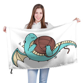 Флаг 3D с принтом Маленький дракончик в Кировске, 100% полиэстер | плотность ткани — 95 г/м2, размер — 67 х 109 см. Принт наносится с одной стороны | динозавр | дракон | дракончик | клубок | малыш | нитки