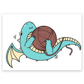 Поздравительная открытка с принтом Маленький дракончик в Кировске, 100% бумага | плотность бумаги 280 г/м2, матовая, на обратной стороне линовка и место для марки
 | динозавр | дракон | дракончик | клубок | малыш | нитки