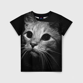 Детская футболка 3D с принтом Чёрный кот в Кировске, 100% гипоаллергенный полиэфир | прямой крой, круглый вырез горловины, длина до линии бедер, чуть спущенное плечо, ткань немного тянется | животное | кот | кошка | тёмный рисунок | чёрный фон