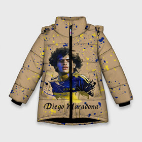 Зимняя куртка для девочек 3D с принтом Diego Maradona в Кировске, ткань верха — 100% полиэстер; подклад — 100% полиэстер, утеплитель — 100% полиэстер. | длина ниже бедра, удлиненная спинка, воротник стойка и отстегивающийся капюшон. Есть боковые карманы с листочкой на кнопках, утяжки по низу изделия и внутренний карман на молнии. 

Предусмотрены светоотражающий принт на спинке, радужный светоотражающий элемент на пуллере молнии и на резинке для утяжки. | Тематика изображения на принте: cup | diego maradona | diego maradona letterin | diego maradona print | football | footballer | great footballer | number 10 | великий футболист | диего марадона | кубок | надпись диего марадона | номер 10 | принт диего марадона | футбол 