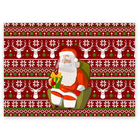 Поздравительная открытка с принтом Санта с защитным экраном в Кировске, 100% бумага | плотность бумаги 280 г/м2, матовая, на обратной стороне линовка и место для марки
 | deer | happy new year | new year | santa | защитный экран | корона | коронавирус | новогодний свитер | новый год | санта | санта клаус | свитер | свитер с маской | свитер с оленями