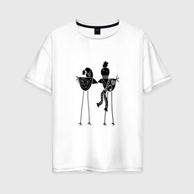 Женская футболка хлопок Oversize с принтом Черно-белые птички в Кировске, 100% хлопок | свободный крой, круглый ворот, спущенный рукав, длина до линии бедер
 | 
