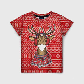Детская футболка 3D с принтом Deer in a medical mask в Кировске, 100% гипоаллергенный полиэфир | прямой крой, круглый вырез горловины, длина до линии бедер, чуть спущенное плечо, ткань немного тянется | Тематика изображения на принте: deer | happy new year | new year | santa | защитный экран | корона | коронавирус | новогодний свитер | новый год | свитер | свитер с маской | свитер с оленями