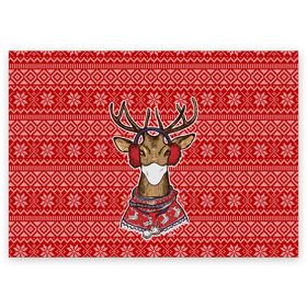 Поздравительная открытка с принтом Deer in a medical mask в Кировске, 100% бумага | плотность бумаги 280 г/м2, матовая, на обратной стороне линовка и место для марки
 | deer | happy new year | new year | santa | защитный экран | корона | коронавирус | новогодний свитер | новый год | свитер | свитер с маской | свитер с оленями