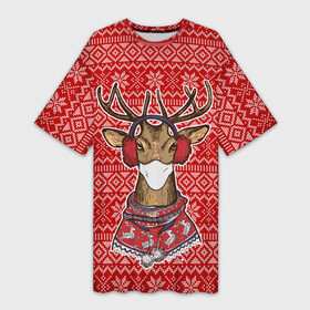 Платье-футболка 3D с принтом Deer in a medical mask в Кировске,  |  | deer | happy new year | new year | santa | защитный экран | корона | коронавирус | новогодний свитер | новый год | свитер | свитер с маской | свитер с оленями