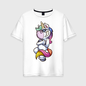 Женская футболка хлопок Oversize с принтом Cool Unicorn в Кировске, 100% хлопок | свободный крой, круглый ворот, спущенный рукав, длина до линии бедер
 | арт | графика | единорог | пони | фэнтази
