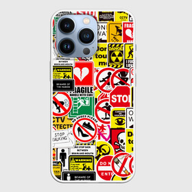 Чехол для iPhone 13 Pro с принтом Запрещающие знаки в Кировске,  |  | Тематика изображения на принте: danger | sticker bombing | запрещающие знаки | опасность | прикол | стикер бомбинг | череп