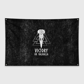 Флаг-баннер с принтом Victory or Valhalla в Кировске, 100% полиэстер | размер 67 х 109 см, плотность ткани — 95 г/м2; по краям флага есть четыре люверса для крепления | Тематика изображения на принте: вальхалла | викинг | ворон | символ | скандинавия | череп | язычество