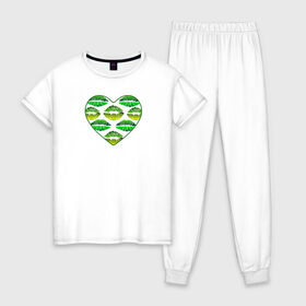 Женская пижама хлопок с принтом Зелёный поцелуй в Кировске, 100% хлопок | брюки и футболка прямого кроя, без карманов, на брюках мягкая резинка на поясе и по низу штанин | губы | день валентина | зелёный | любовь | отпечатки | сердечко | сердце