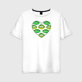 Женская футболка хлопок Oversize с принтом Зелёный поцелуй в Кировске, 100% хлопок | свободный крой, круглый ворот, спущенный рукав, длина до линии бедер
 | губы | день валентина | зелёный | любовь | отпечатки | сердечко | сердце